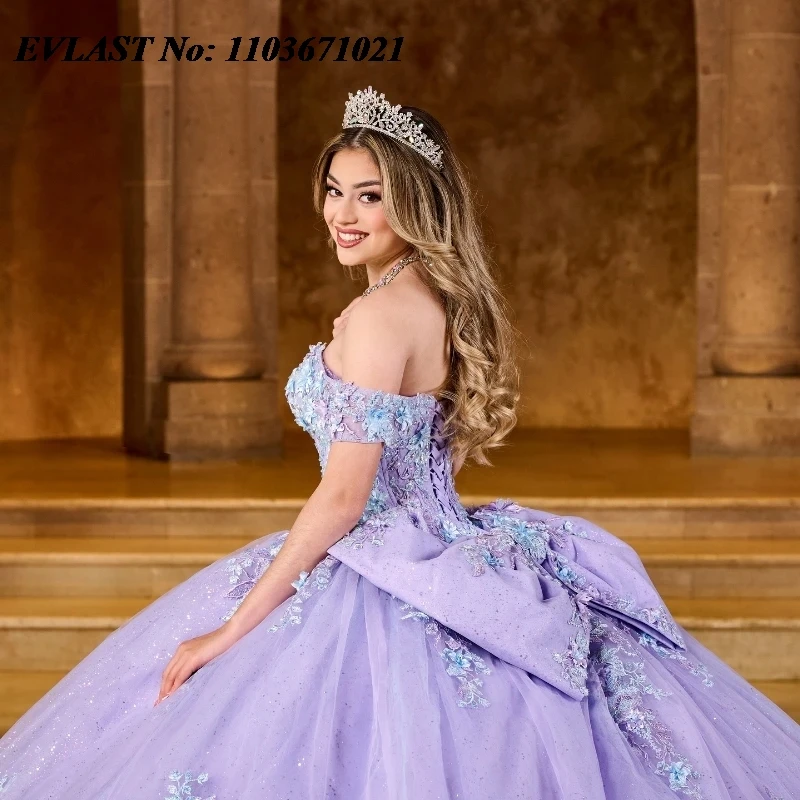 EVLAST Maßgeschneidertes Lavendel-Quinceanera-Kleid, Ballkleid, Blumenapplikation, Perlenschleife, Korsett, Sweet 16, Vestidos de 15 Anos SQ721