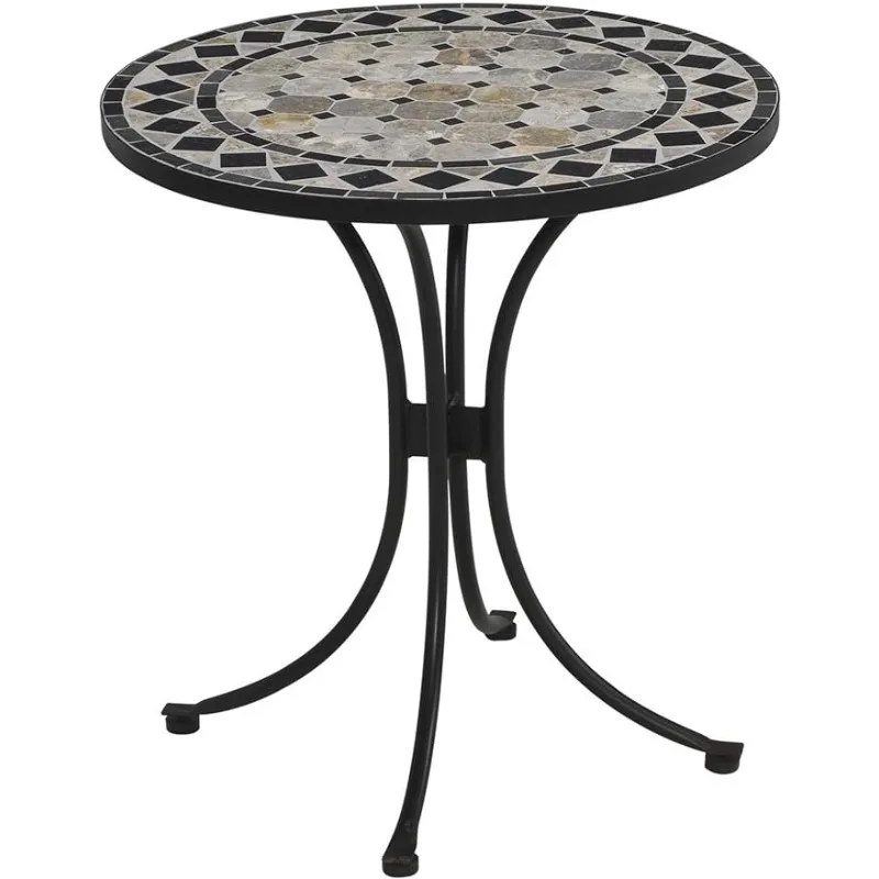 Home Styles Small Outdoor Bistro Table with Marble Tiles Design Table Top Constructed From Powder Coated Steel, Black