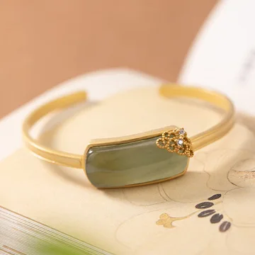 

S925 Sterling Silver Gold-plated Hetian Jade Stone Auspicious Cloud Personality All-match Ladies Open Fine Bracelet Jewelry Bang