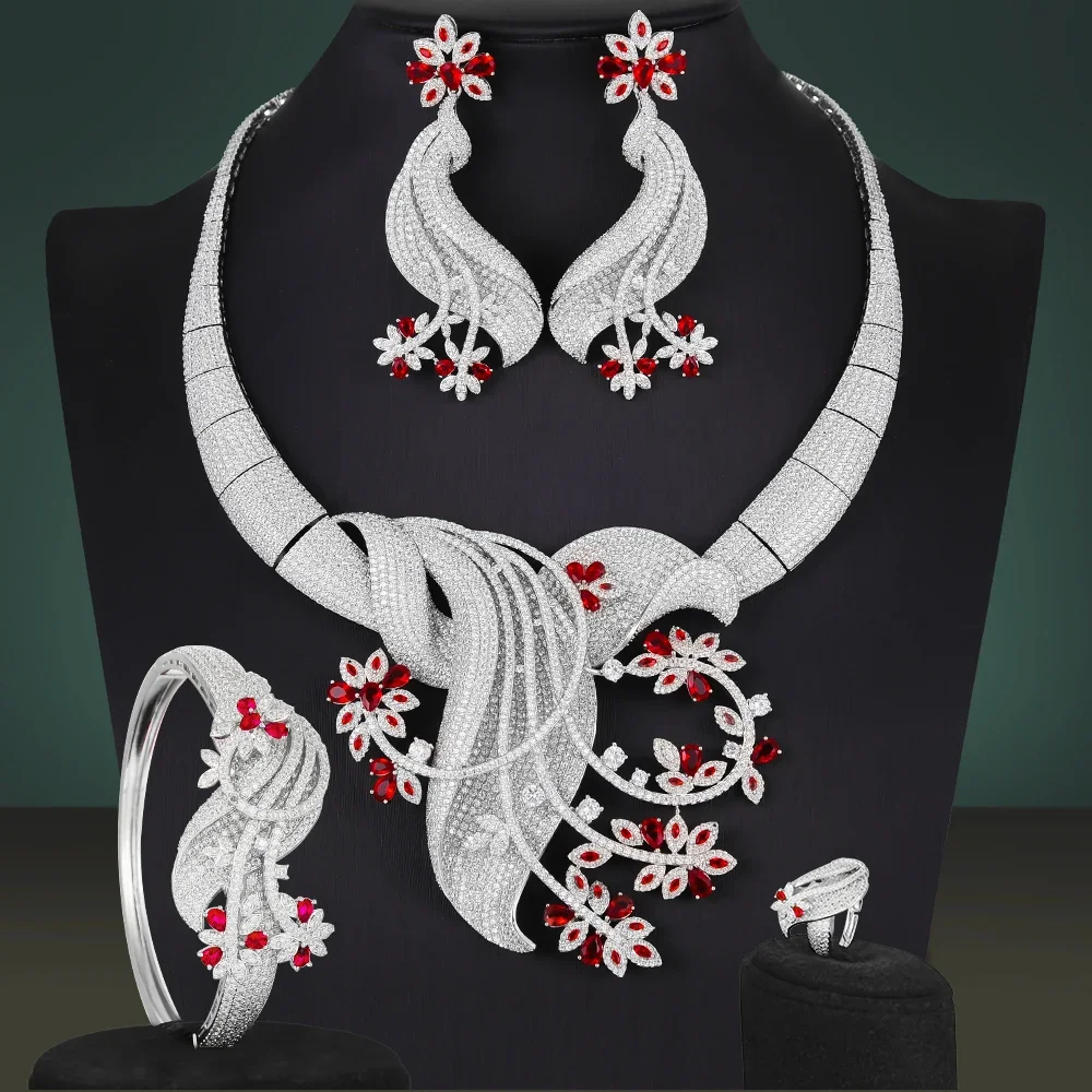 Soramoore الفاخرة الزفاف الزفاف 4 قطعة قلادة رائع الإسورة أقراط خاتم مجموعة زهرة شرابة مجوهرات عالية الجودة هدية #5