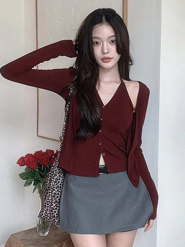 Red Long Sleeve Neck Hanging Design Slim Fit T-Shirt Women's Autumn Fashionable Base Layer Top High Waist Knitted Cotton Blend