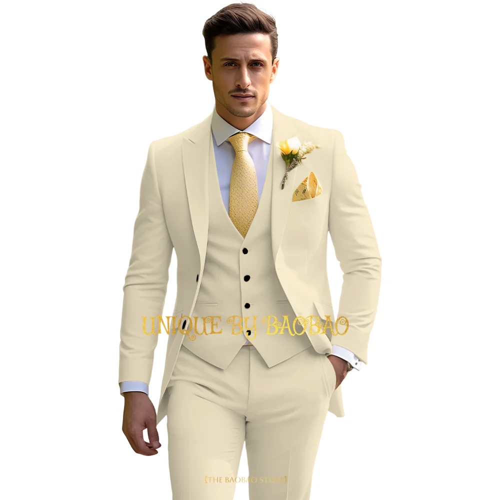 Men's yellow 3-piece suit (jacket+vest+pants) peak lapel slim fit business conference graduation wedding cocktail party tuxedo