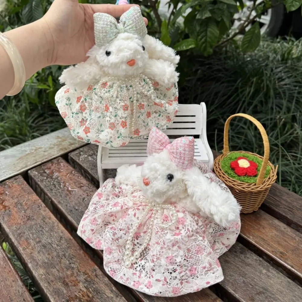 Princess Pearl Dress Bow Plush Rabbit Keychain Cartoon Stuffed Rabbit Doll Keyring Kawaii Soft Drooping Ear Rabbit Pendant