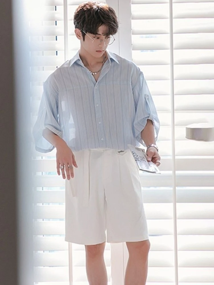 

Summer Korean Style Men's Striped Short Sleeve Shirt Two-Piece Set Light Mature Trendy Edgy Cool Sophisticated Wear