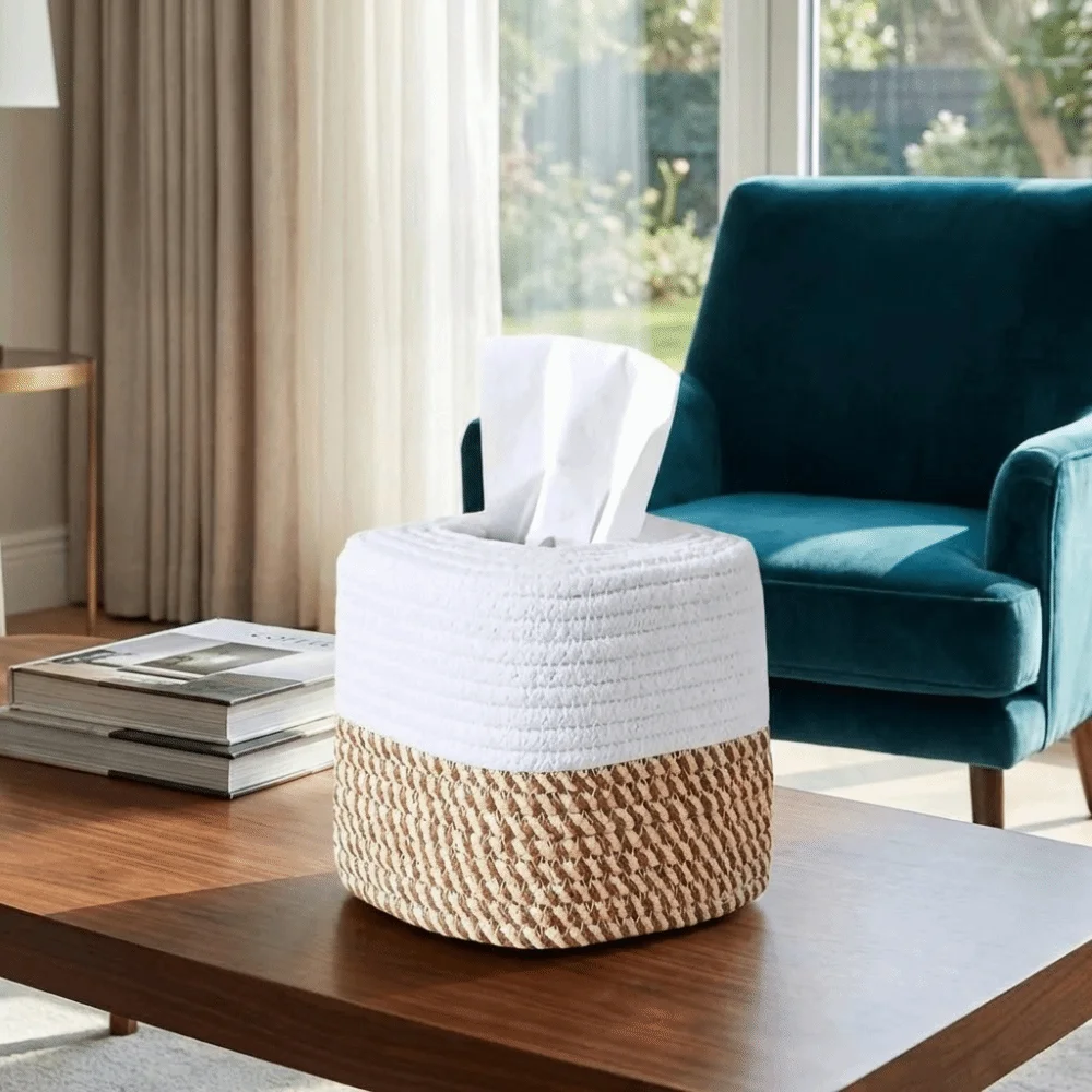 Multi-functional Rustic Woven Tissue Box Hand-woven Cotton Thread Minimalist Tissue Box Square Decorative Roll Holder Office