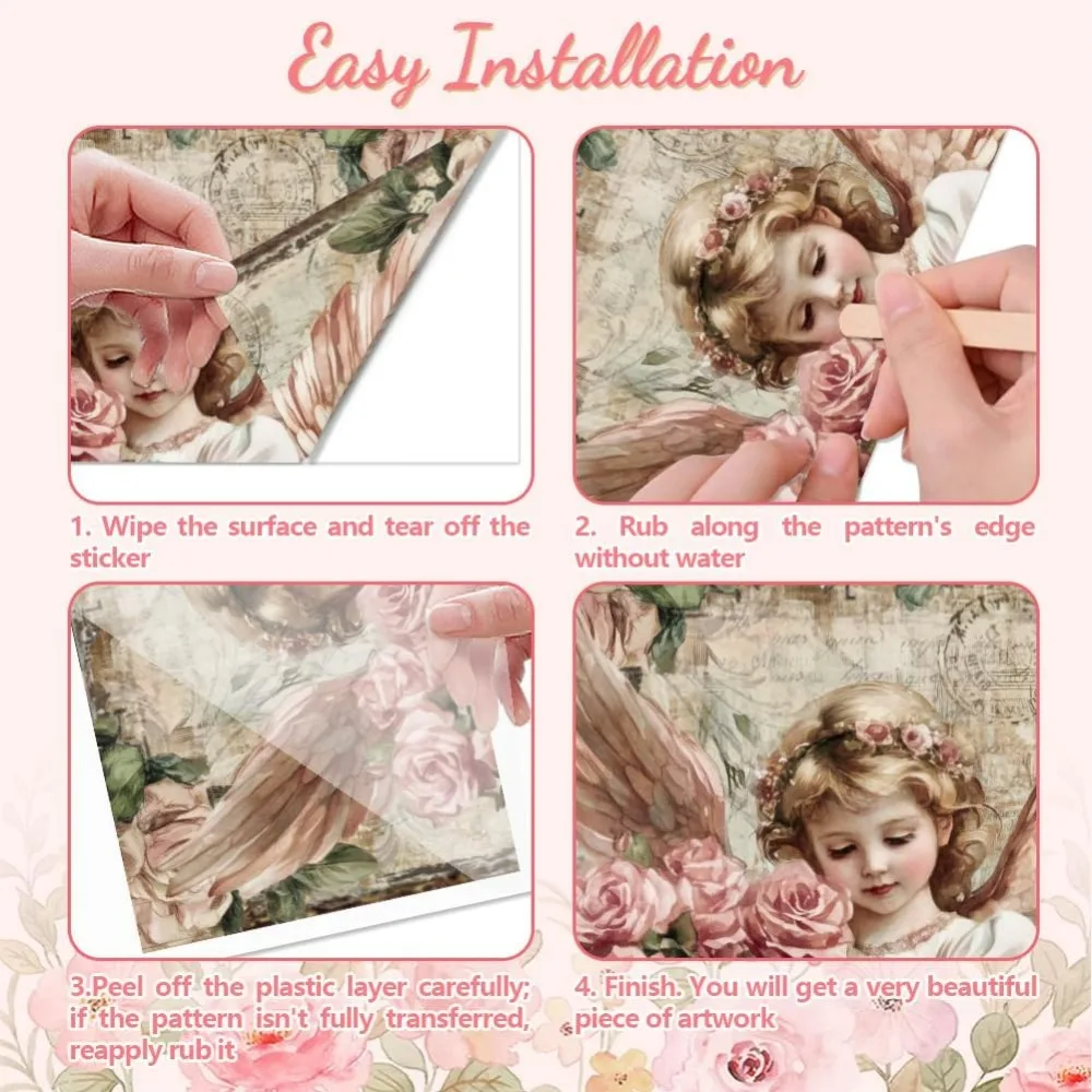 Rub on Transfer Decal Sticker for Furniture Craft Decor 6x12Vintage Angel with Pink Roses 3Pcs Waterproof UV DTF Transfer