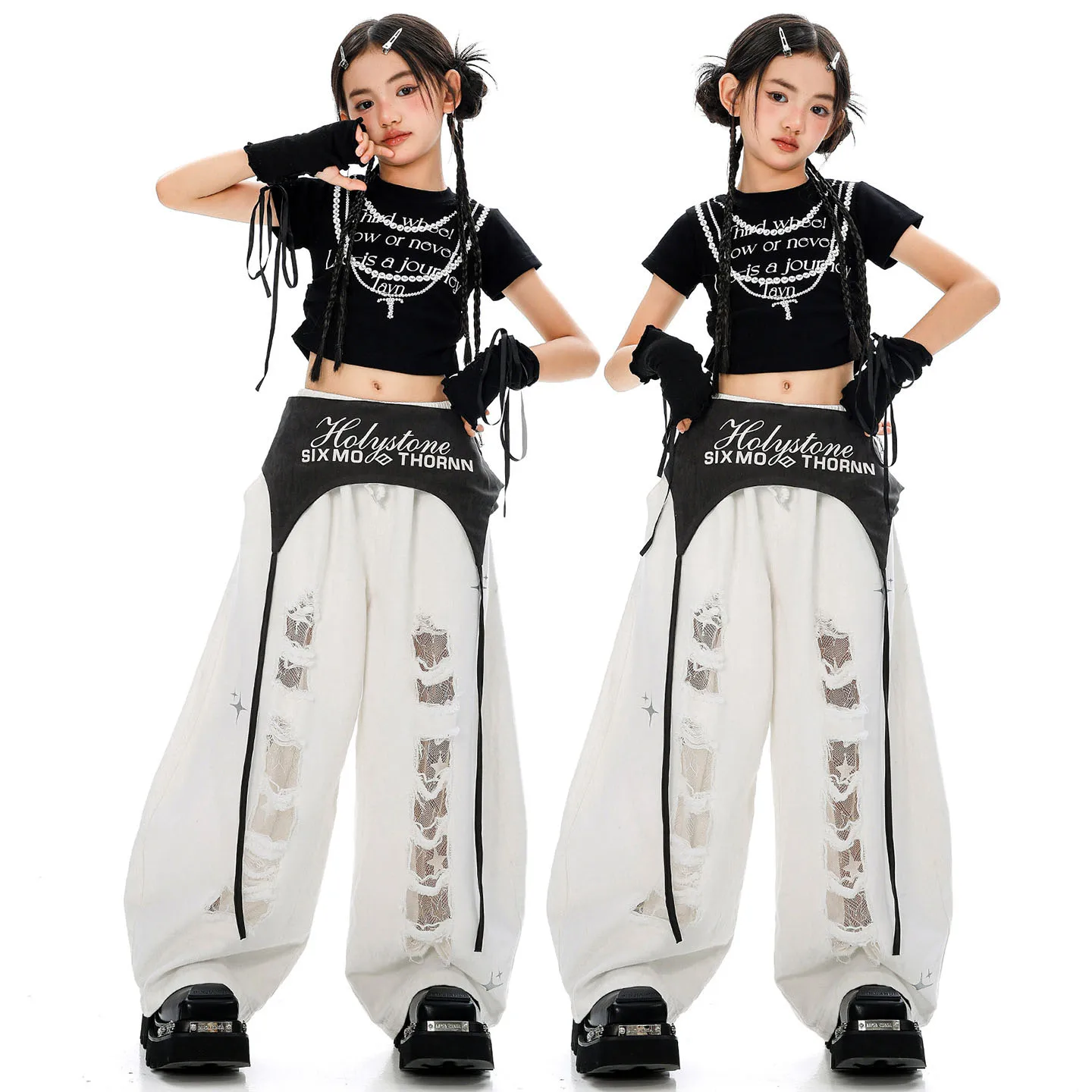 

Kid Kpop Hip Hop Clothing Black Ruched Crop T Shirt Top White Casual Wide Ripped Sweat Pants for Girl Jazz Dance Costume Clothes