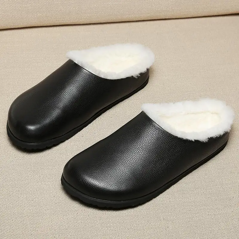 Winter Men Slippers Genuine Leather Plush Soft Sole Comfortable Outdoor Male Shoes Designer Slides