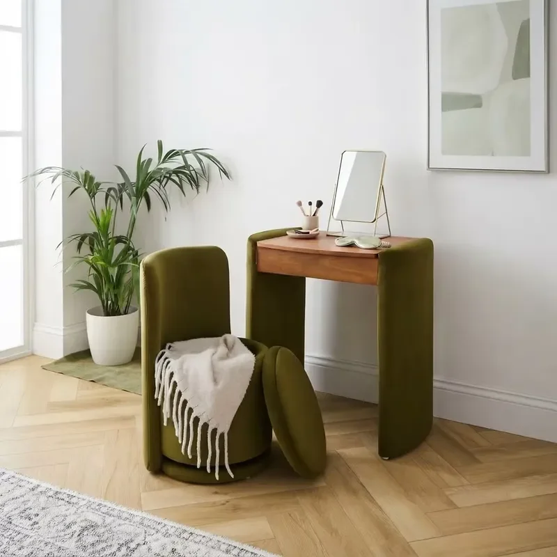 Velvet Clamshell Dresser Set with Hidden Mirror and Storage Stool Space Saving Furniture for Small Bedroom