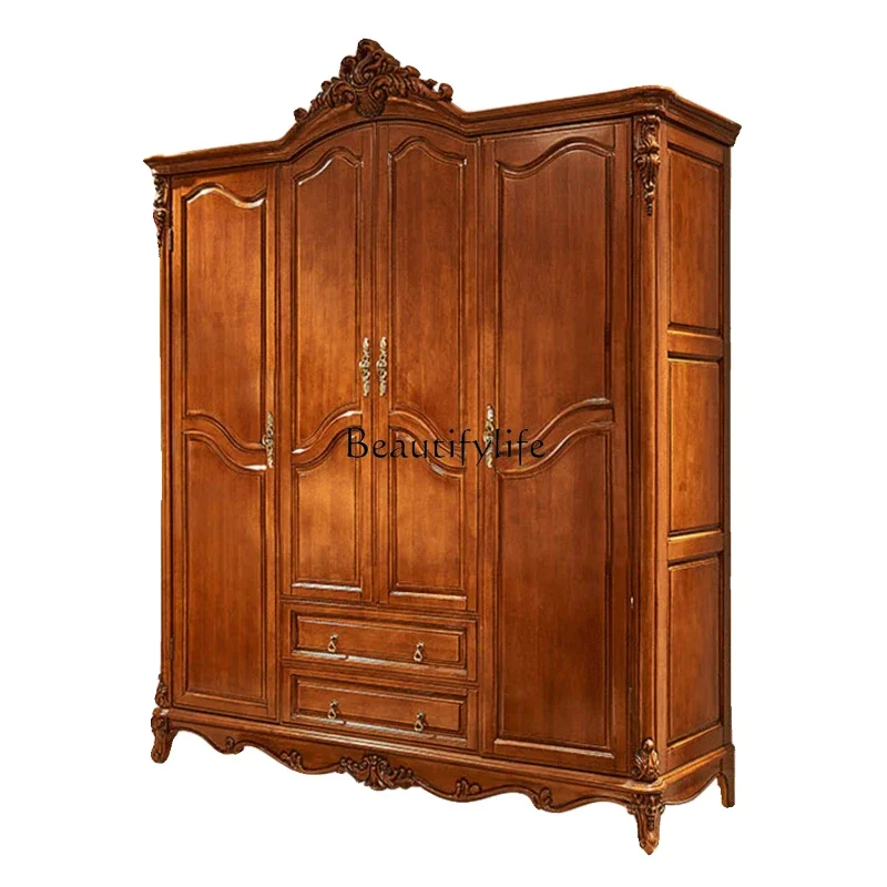 

1LEuropean solid wood wardrobe amber log French cabinet bedroom wardrobe paint cabinet