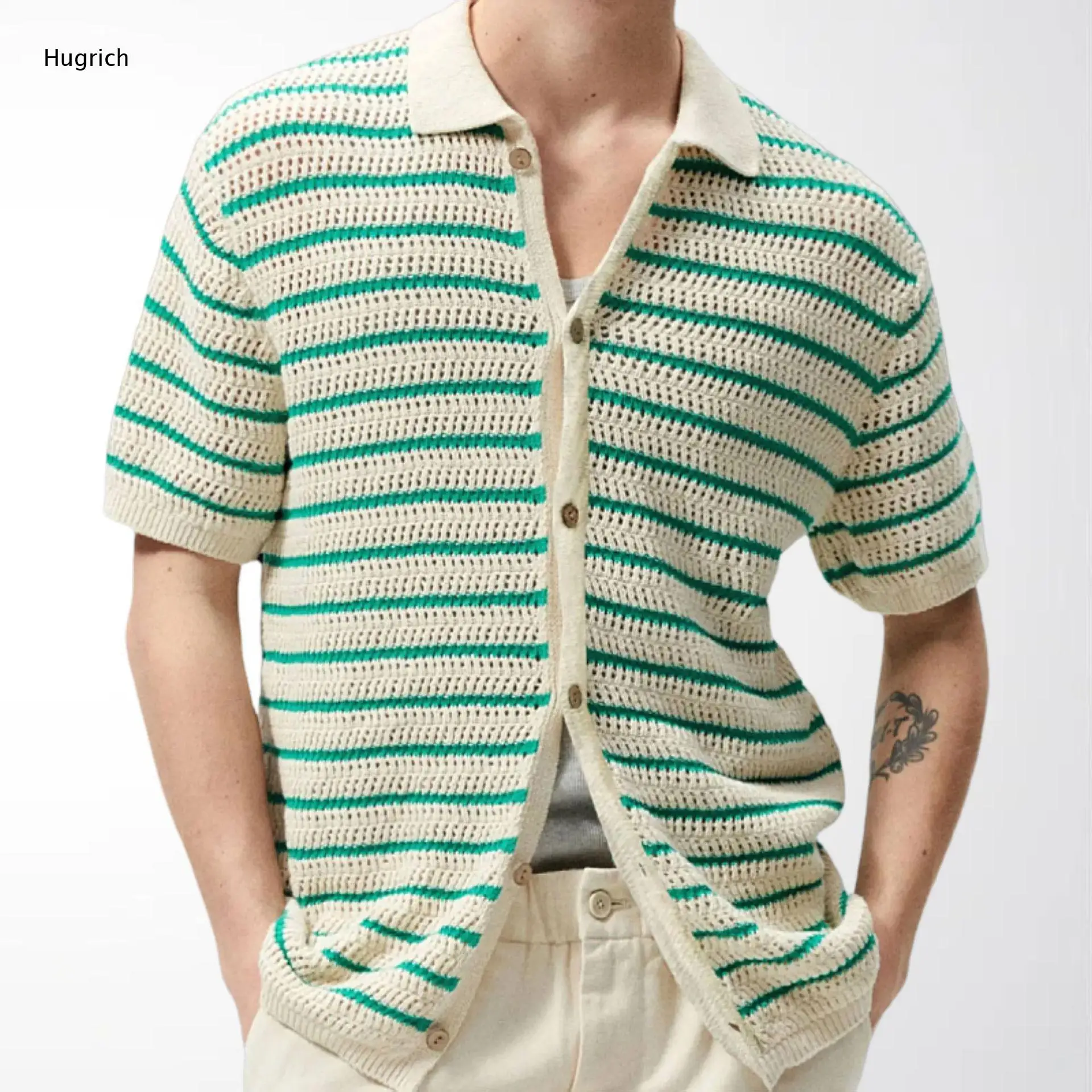 Camisa de Manga Corta para Hombre, Transpirable, con Rayas Horizontales, Tejido de Ganchillo Calado, Cuello Campana