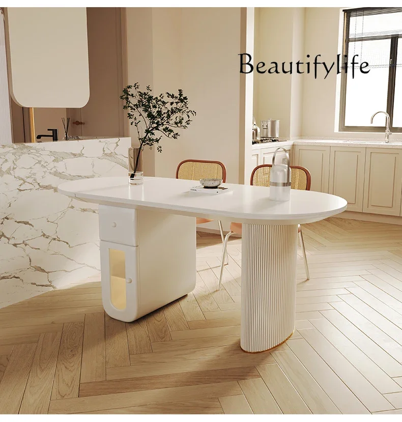 

Cream wind rock slab dining table Small apartment eating table Rectangle white retractable dining table against the wall