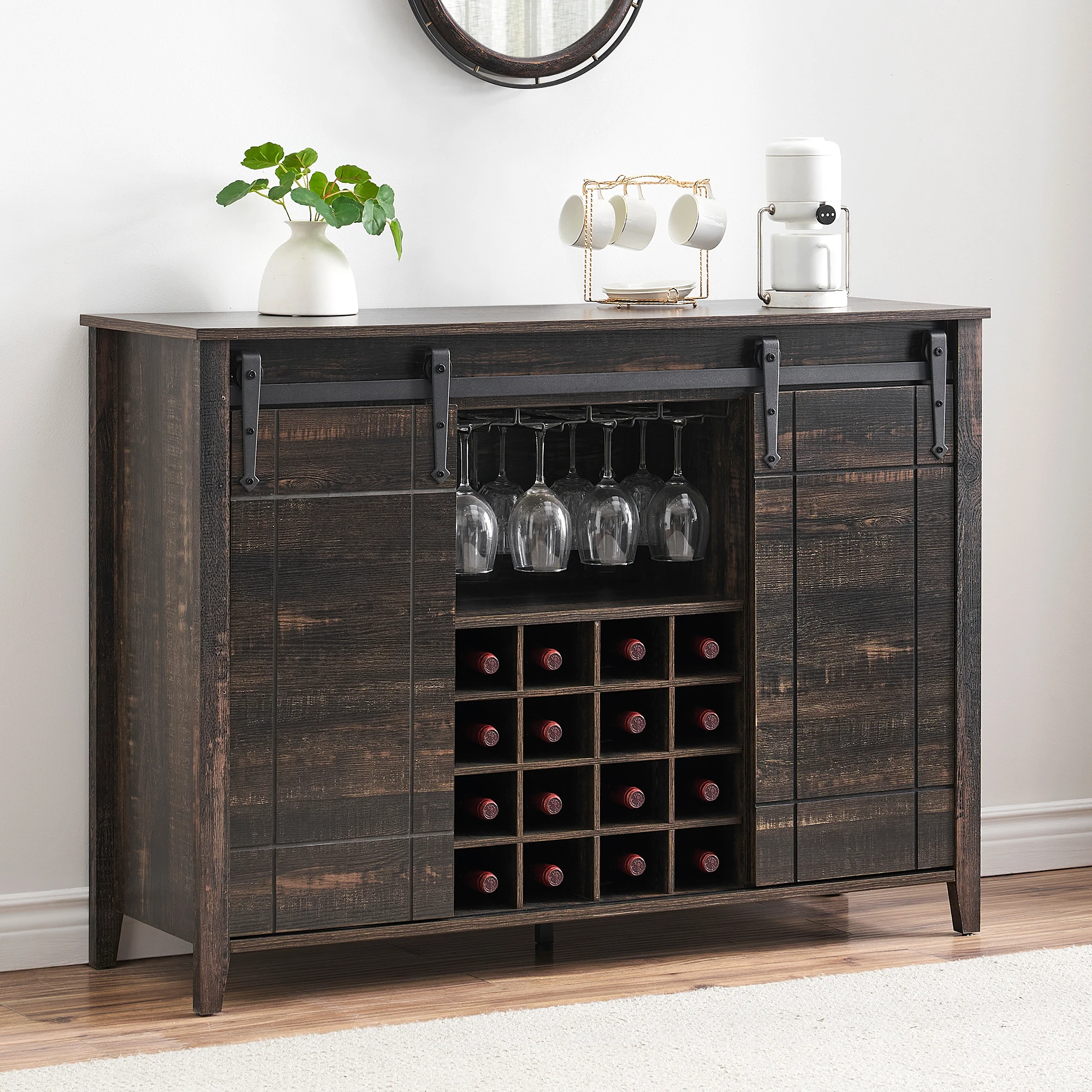 Farmhouse Buffet Cabinet, Sliding Barn Door, Wine and Glass Rack, Storage Shelves, Liquor Coffee Bar Cupboard for Kitchen