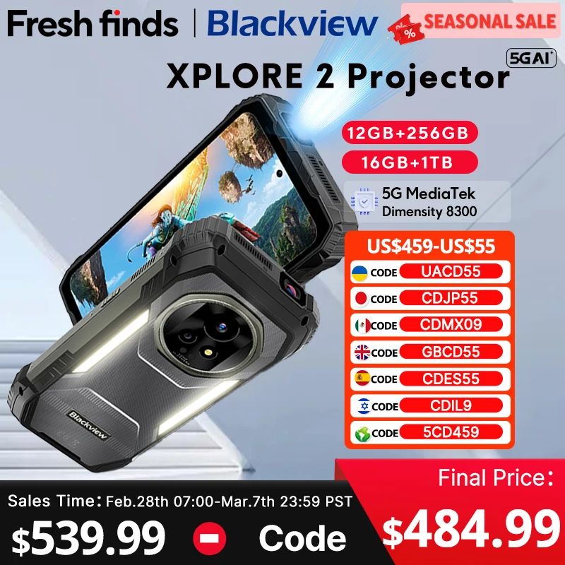 New Blackview XPLORE 2 Projector 5G AI Rugged Phone 6.73” 3.2K AMOLED Display 20000mAh 120W Charger Dimensity 8300 Cellphone