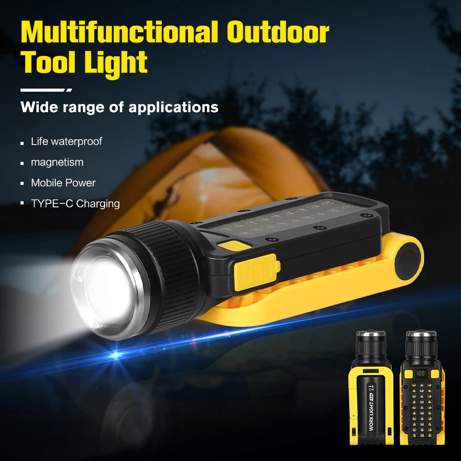

Outdoor Portable LED Flashlights Rechargeable Zoom Flashlight Super Bright COB Floodlight Torch 7 Modes Work Light with Magnetic