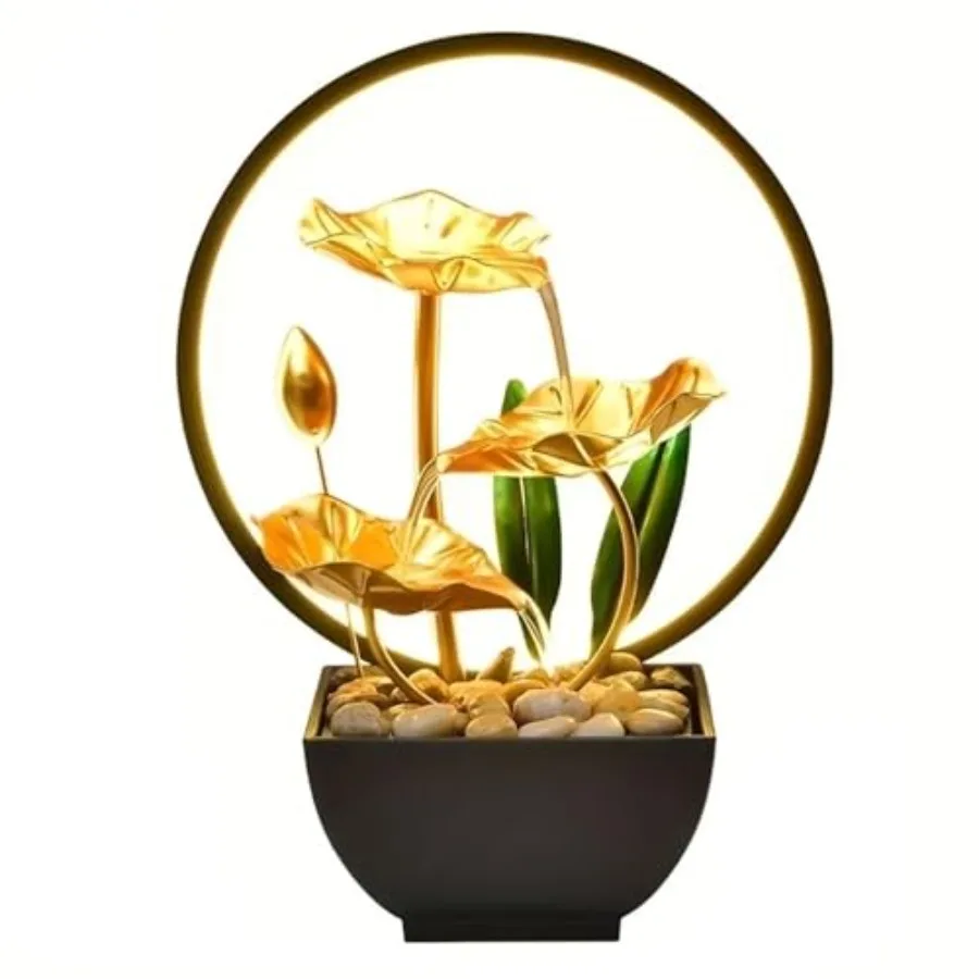 

Tabletop Fountain with Led Light 11IN Gold Lotus Indoor Waterfall Fountain USB Powered Zen Table Water Fountains with 1 Replace