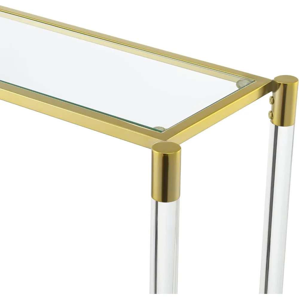طاولة قاعة حديثة من الزجاج المقسى بطبقتين مع رف تخزين وإطار من الكروم الذهبي، بطول 44.25 بوصة