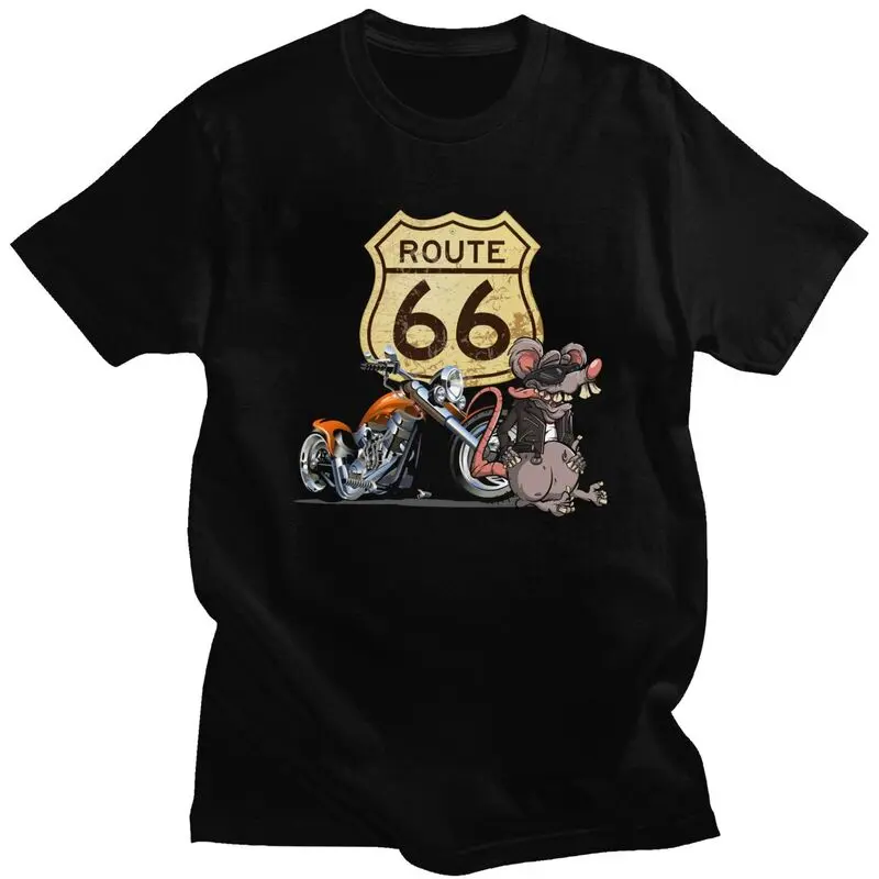 Custom Roddy Rat Cartoon Rat Fink Motorcycle Biker Route 66 T Shirt Cotton Tshirt Tee Short Sleeves Sign Road Trip T-shirt