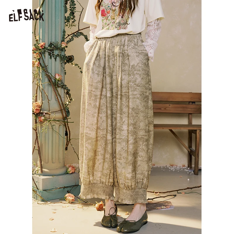 ELFSACK Women's Loose Ruffle Hem Pants with Textured Print, Casual Wide Leg Trousers for Everyday, Cozy Outdoor Boho Bottoms