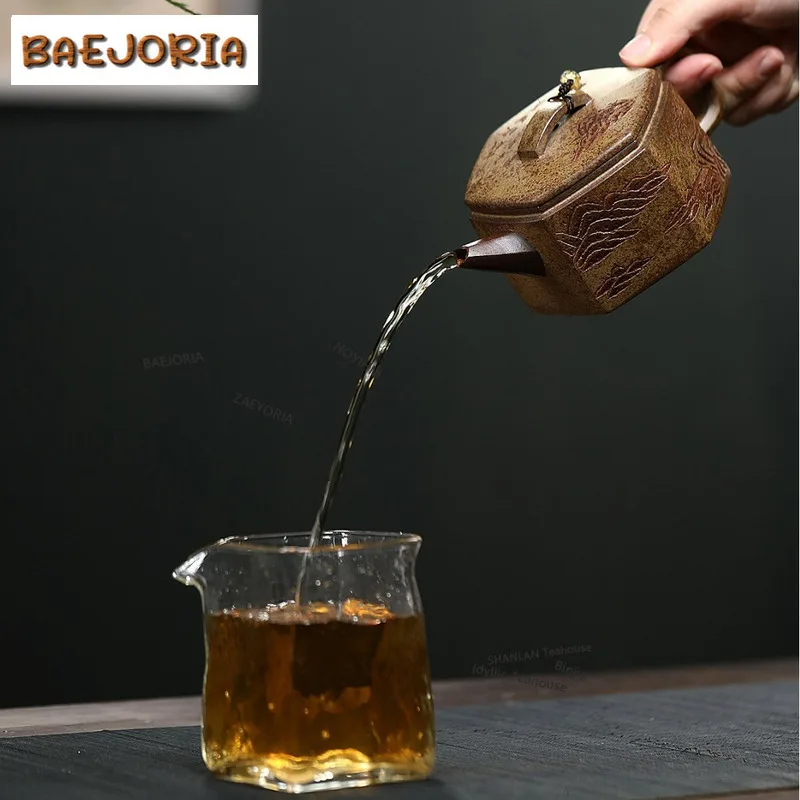 BAEJORIA 260ml Yixing Purple Clay Teapot Handmade Hexagonal Large Caliber Pot Raw Ore Agilawood Mud Kettle With Infuser Zisha