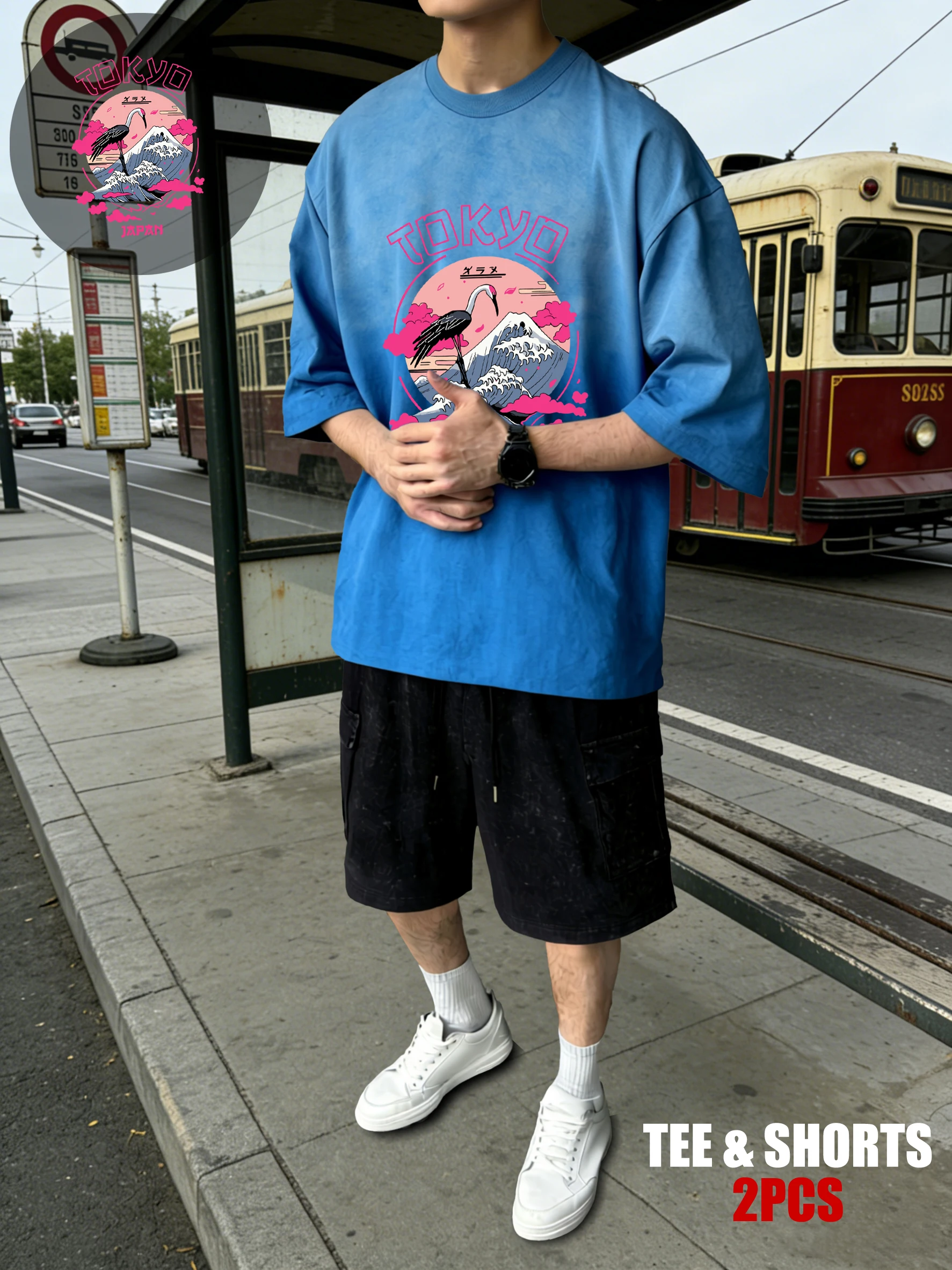 

Tokyo Cloud Crane Tsunami Print Man Tie-Dye T Shirt Summer Trendy Tee Shirts Set Casual Cotton Short Sleeve Unisex Loose Top