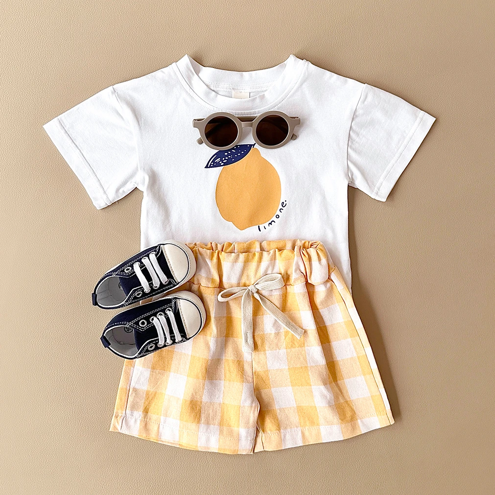 2PCS Summer Baby Boys Girls Clothes Set Lemon Print T-shirt+Checkered Shorts Beach Infant Toddler Outfit Suit 0-3Y