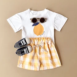 2PCS Newborn Baby Summer Baby Suit Boy Girl Clothes Set Lemon Print T-shirt+Checkery Shorts Infant Cotton Toddler Outfit Suit
