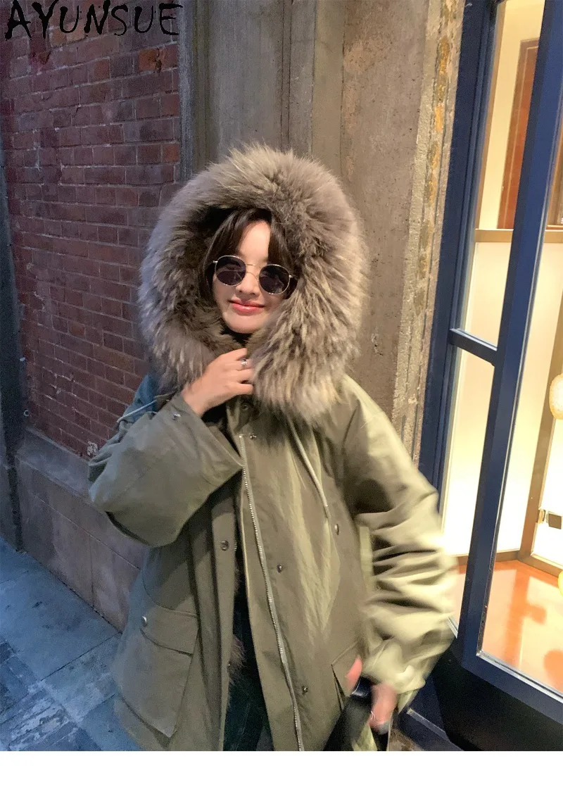 AYUNSUE Female Detachable Wolf Fur Liner Clothes Big Raccoon Fur Collar Womens Mid-length Parka Winter Jacket Woman Loose Fit