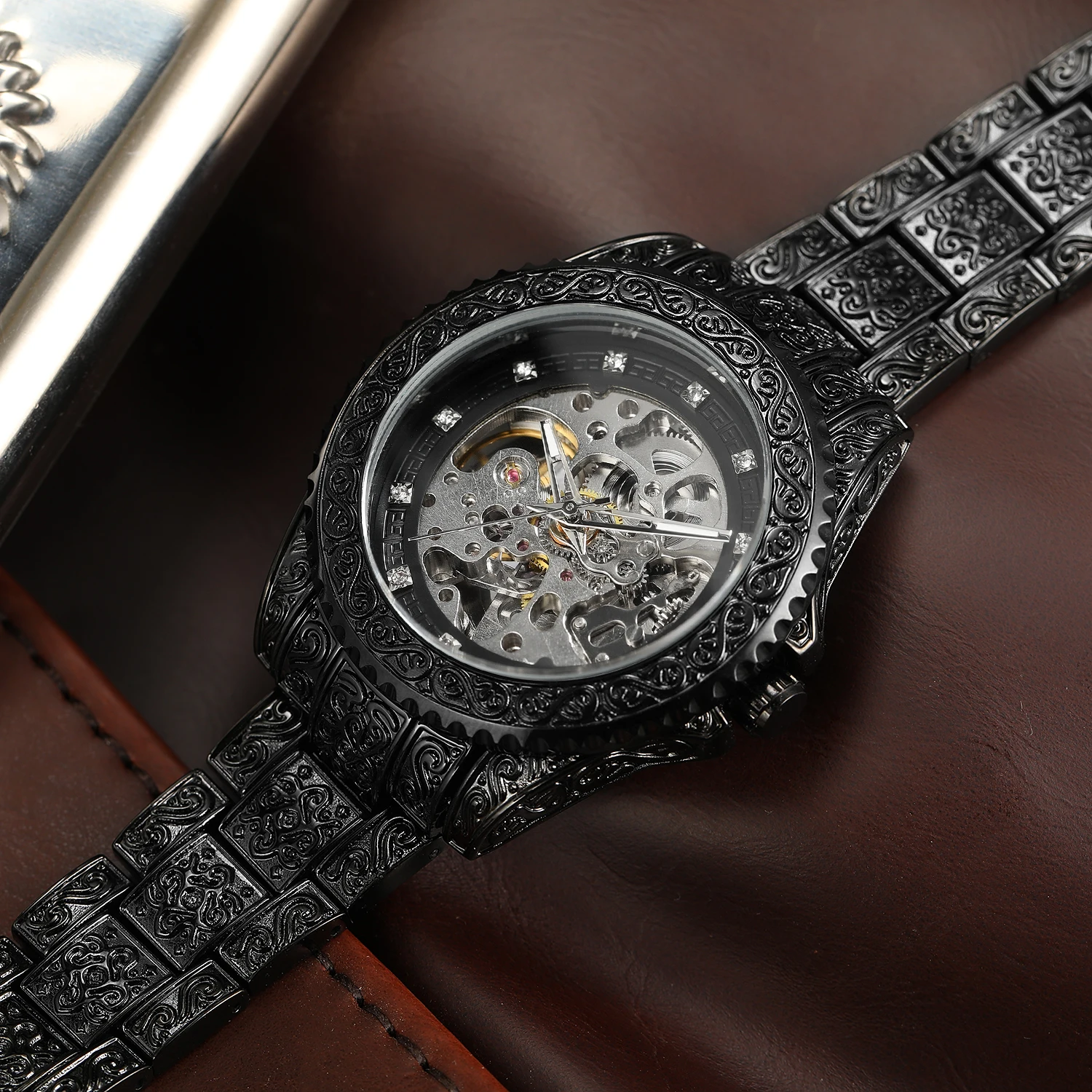 FORSINING Schwarz Vintage Carving männer Skeleton Automatische Mechanische Uhren Strass Coole Mode Retro Edelstahl Uhren