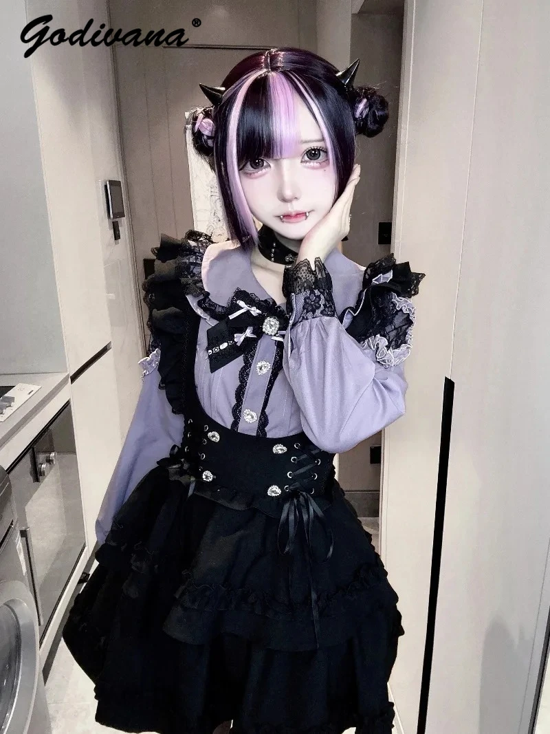 Japanese Mass-Produced Lolita Skirt Sets New Spring Girl Women Sweet Bow Lace Stitching Long Sleeve Blouse Shirt Suspender Skirt