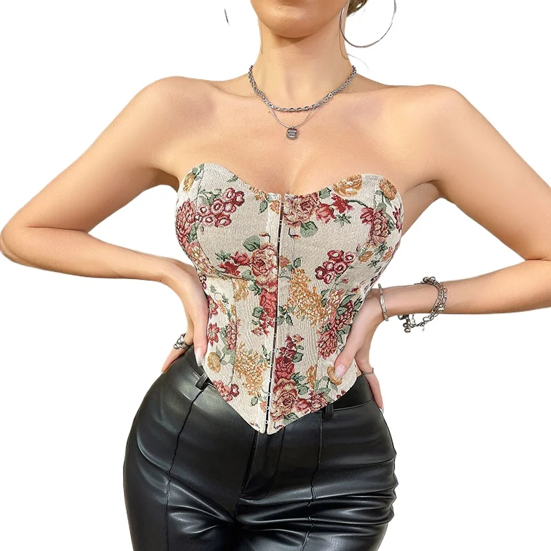 Retro Jacquard Sexy Camisole Strapless Tank Top with Front Buckle Women's Sexy Tanks Camis European and American Style Vest Top