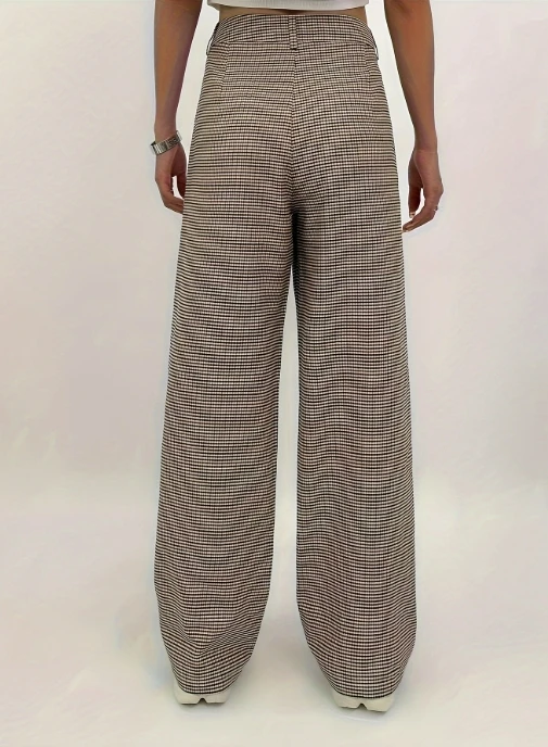 Plaid printed straight leg pants with pleated wide legs