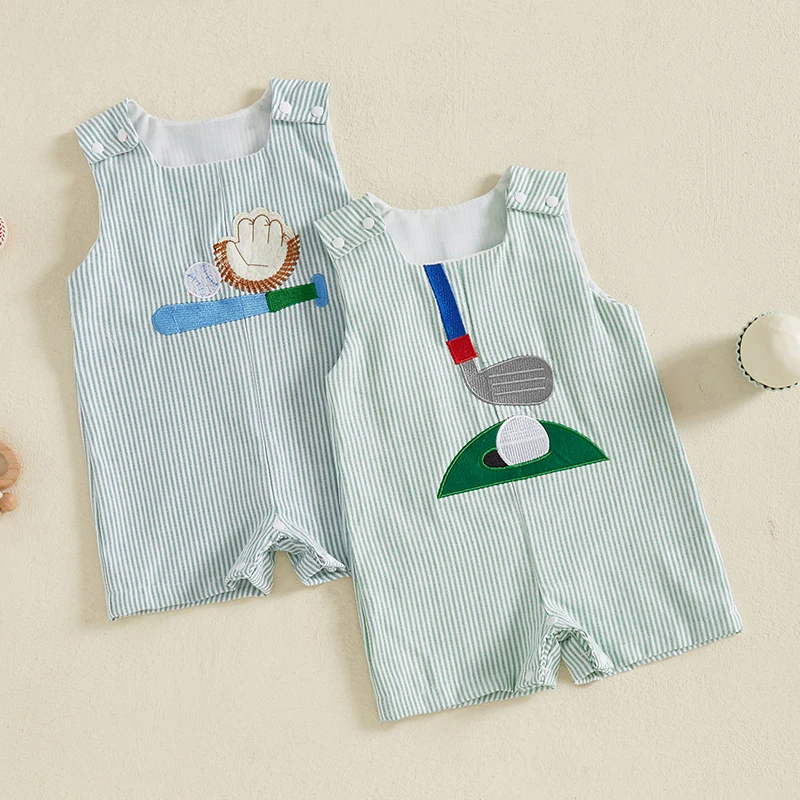 

Newborn Infant Baby Boys Girls Rompers Jumpsuits Playsuits Cotton Sleeveless Crewneck Golf Baseball Embroidery Overalls