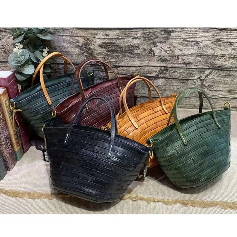 Luxury Women Basket Bags Green Real Cow Leather Lady Tote Vintage Designer Patchwork Bucket Bag High Quality Stripe Shoulder