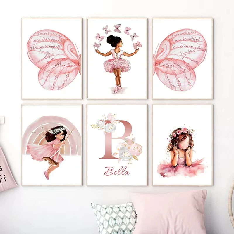 Black Ballet Girl Butterfly Rainbow Crown Flower Wall Art Canvas Painting Nordic Posters And Prints Picture Baby Kids Room Decor