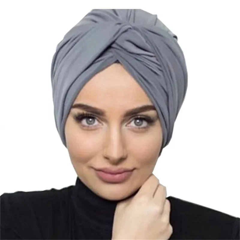 

Muslim Women Stretchy Solid Color Turban Hat Cross Twist Indian Cap Islamic Female Hijab Bonnet Femme Musulman Head Wraps