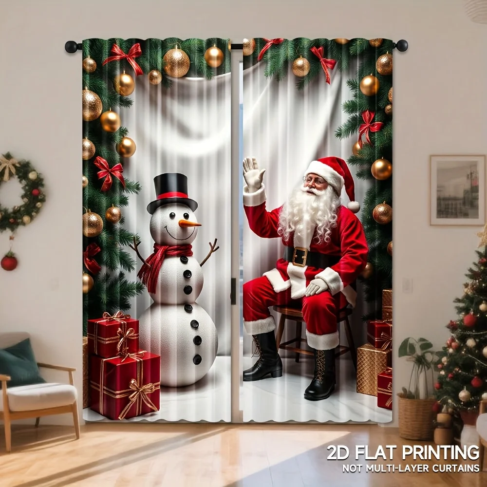 Santa Claus Snowman Curtains Christmas Tree Gift Box Window Drapes Festive Holiday Decor Blackout Fabric for Living Room Bedroom