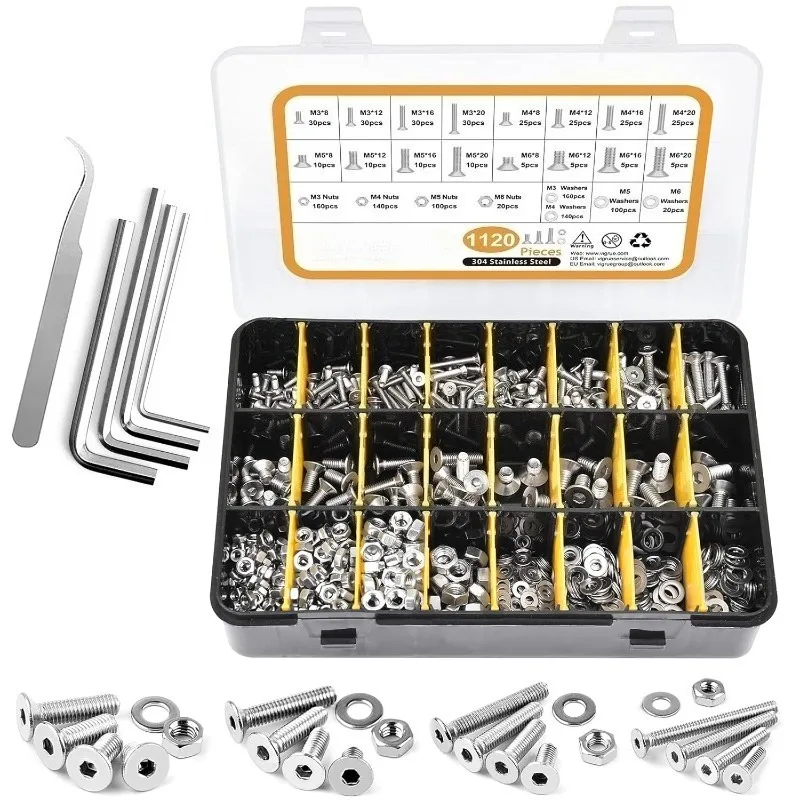 

Набор из 1120 шт. винтов M3 M4 M5 M6 из нержавеющей стали с потайной головкой под шестигранник, гайки и шайбы