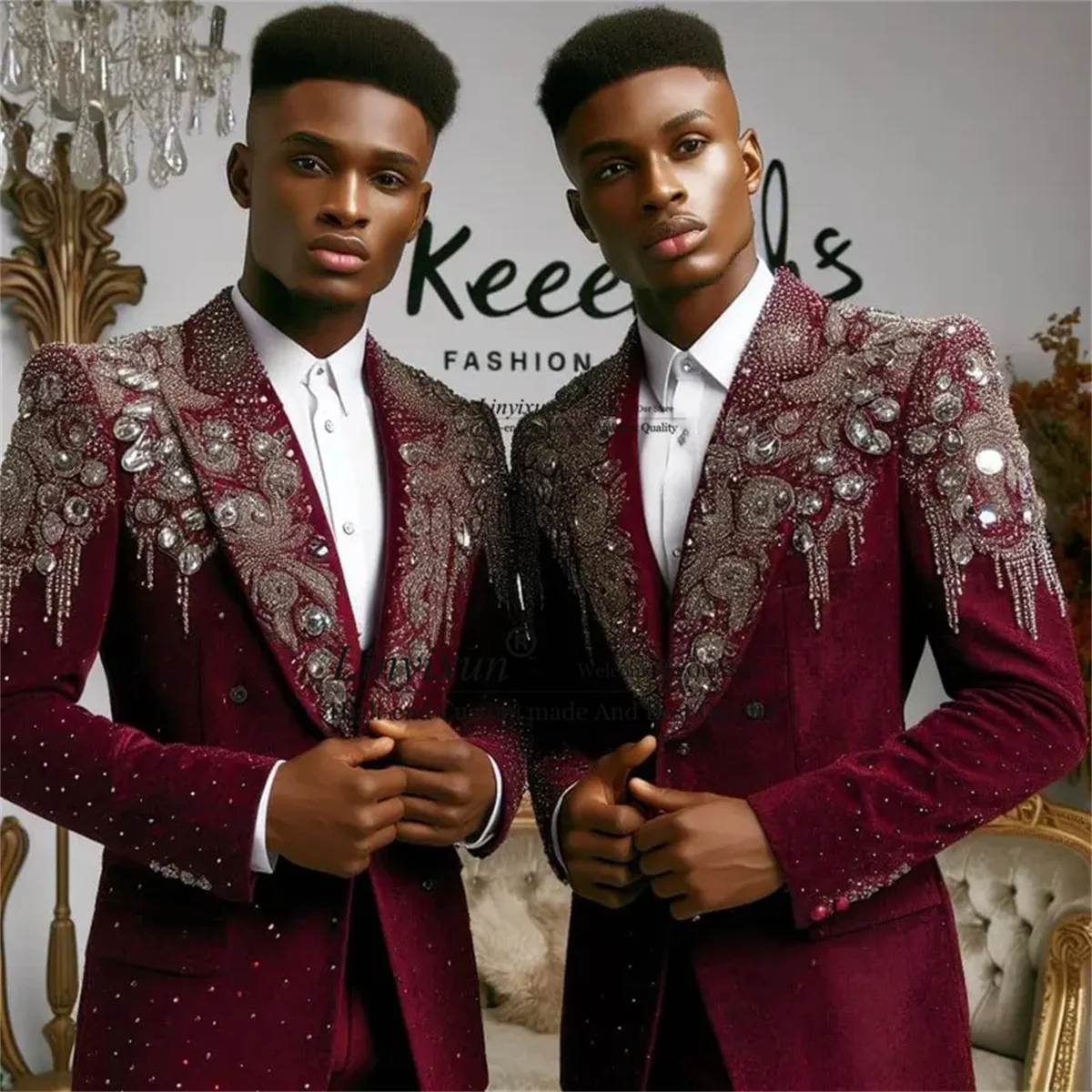 

Luxury Embroidered Beaded Tuxedo Men Suits Slim Fit Peak Lapel Wedding Groom Customized 2 Piece Sets Male Ropa Prom Blazers