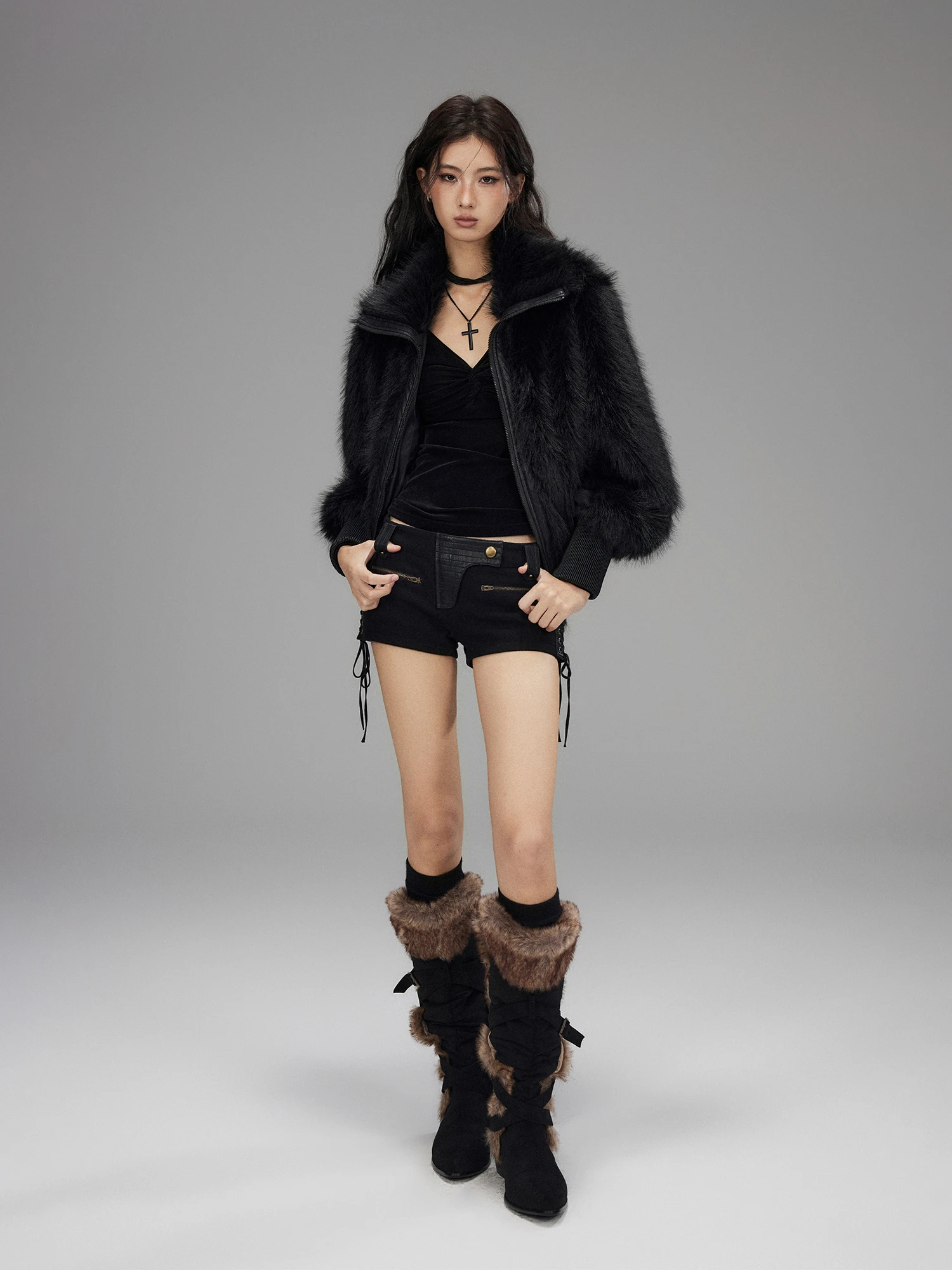 Low Pixel Black Patchwork Collar Fluffy Short Coat Long Sleeve Loose Warm Shape Women's Fashion Winter Outerwear