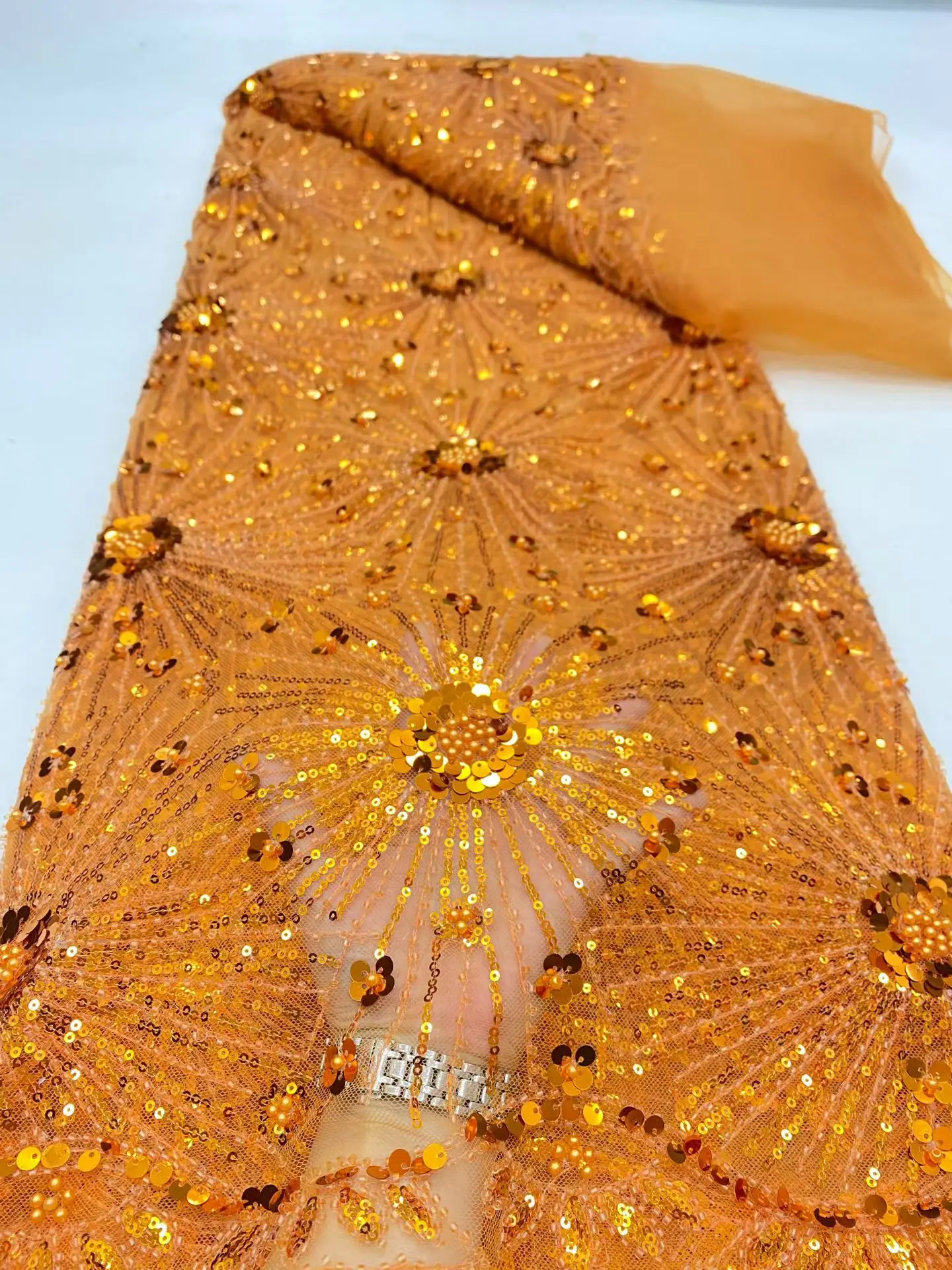 

2026 Premiu Nigerian Lace Fabric( 5Yards) - Luxury Embroidered Guipure Tulle with Sequins for Wedding/Bridal Gowns,African Desig