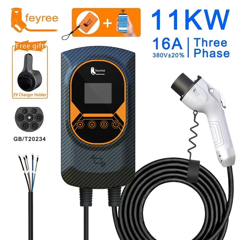 Fey123-Chargeur EV pour Véhicule Électrique, Prise GB/T, EVSE, Wallbox, 32A, 22KW, 3 Phases, 16A, 11KW, Télécommande, Station de Recharge, 7,6 KW, Câble de 5m