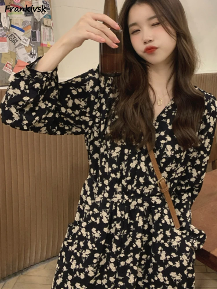 Dresses Women V-neck Floral Retro Trendy Leisure All-match Panelled Harajuku A-line Elegant Students Holiday Streetwear Loose