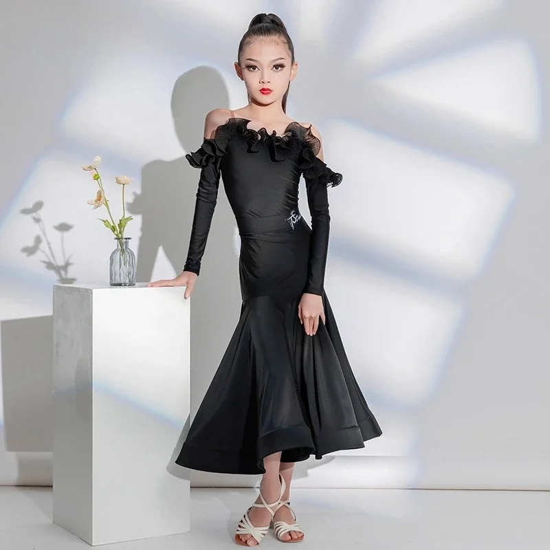 Nuevos trajes de baile latino, trajes de práctica para niñas, trajes negros de baile y actuación de salón de manga larga