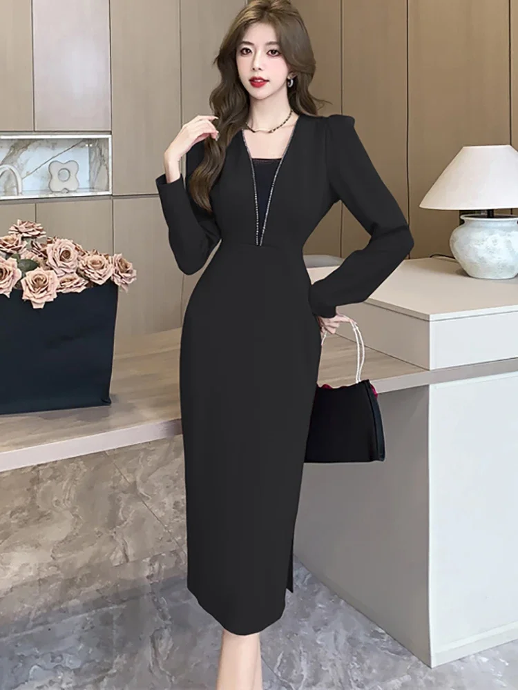 

2025 Elegant Bodycon Office Lady Dress Autumn Winter Korean Vintage Luxury Vestidos Women Red Patchowrk V-Neck Casual Long Dress