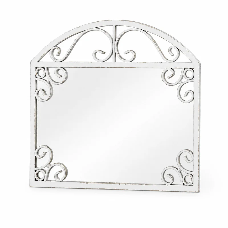 French Vintage Iron Wall Mirror Distressed White Arched Decorative Mirror with Scrollwork for Entryway Living Room Bedroom Decor