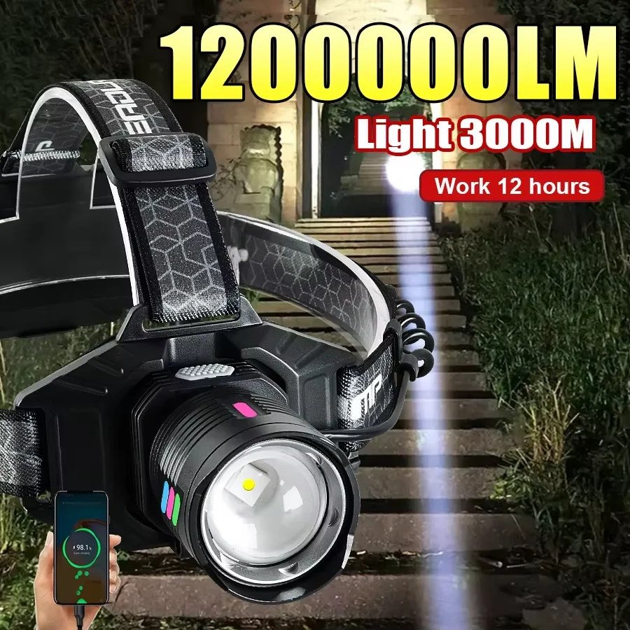 120000LMHigh power zoom motion sensor LEDheadlights super bright Crechargeable headlights waterproof head torch fishing lantern