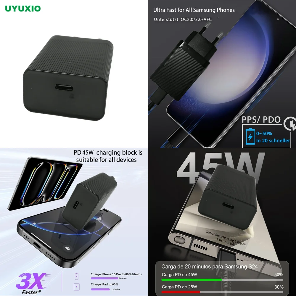 Adaptador de Parede Turbo UYUXIO 45W Carregador Rápido para Celular Tipo C PD Carregamento Rápido para Samsung iPhone Xiaomi