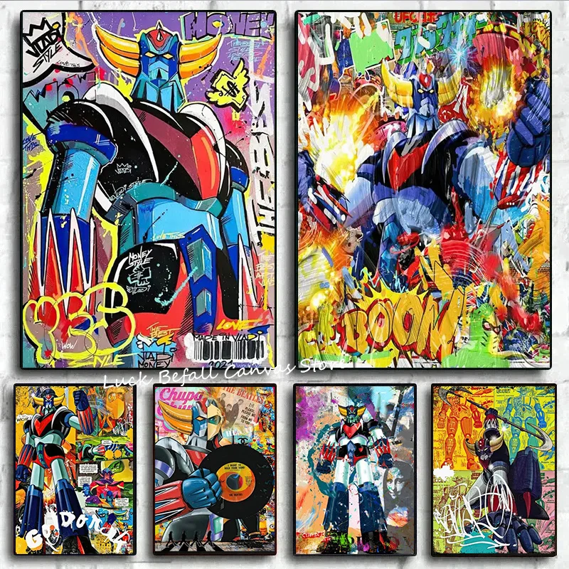 Abstract Graffiti Robot Cartoon Poster Grendizer Street Art Prints Colorful Goldorak Warrior Wall Art Canvas Painting Room Decor