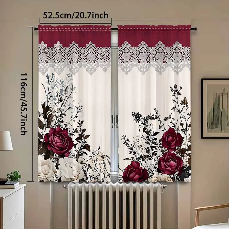 

Red White Rose Lace Curtains Romantic Garden Drape with Floral Border for Bedroom Living Room Window Decoration